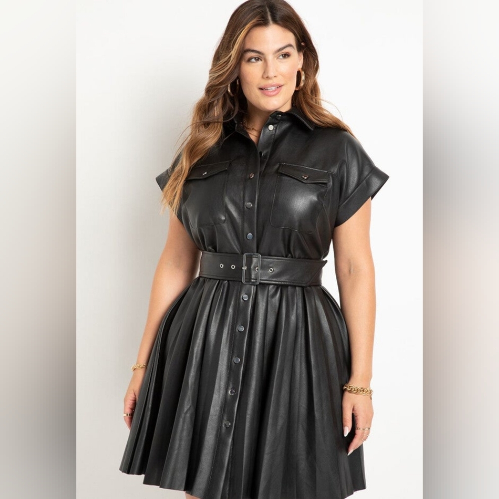 Eloquii Black Faux Leather Belted Dress Size 22